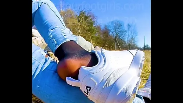 Hot Shoeplay Dipping Girl slips out of her sweaty stinky Nylons sneakers Feet footfetish clip video foot toe new Videos
