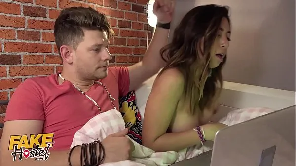 Fake Hostel sneaky fuck on the bottom bunk while big tits masturbates on the top Video baru yang populer