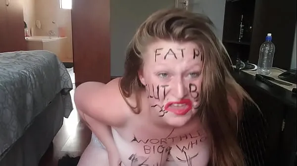 Καυτά Big fat worthless pig degrading herself | body writing |hair pulling | self slapping νέα βίντεο