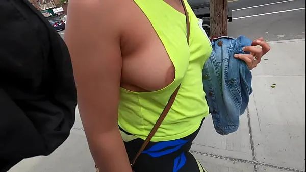 Hot Wife no bra side boobs with pierced nipples in public flashing วิดีโอใหม่