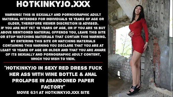 Hot Hotkinkyjo in sexy red dress fuck her ass with wine bottle & anal prolapse in abandoned paper factory new Videos