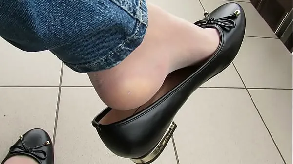 Hot black Andres Machado ballet flats, nylons and jeans, balcony shoeplay by Isabelle-Sandrine new Videos